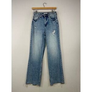 Y2K Grunge Denim Co Womens Size 2 Blue Distressed High Rise Straight Leg Jeans